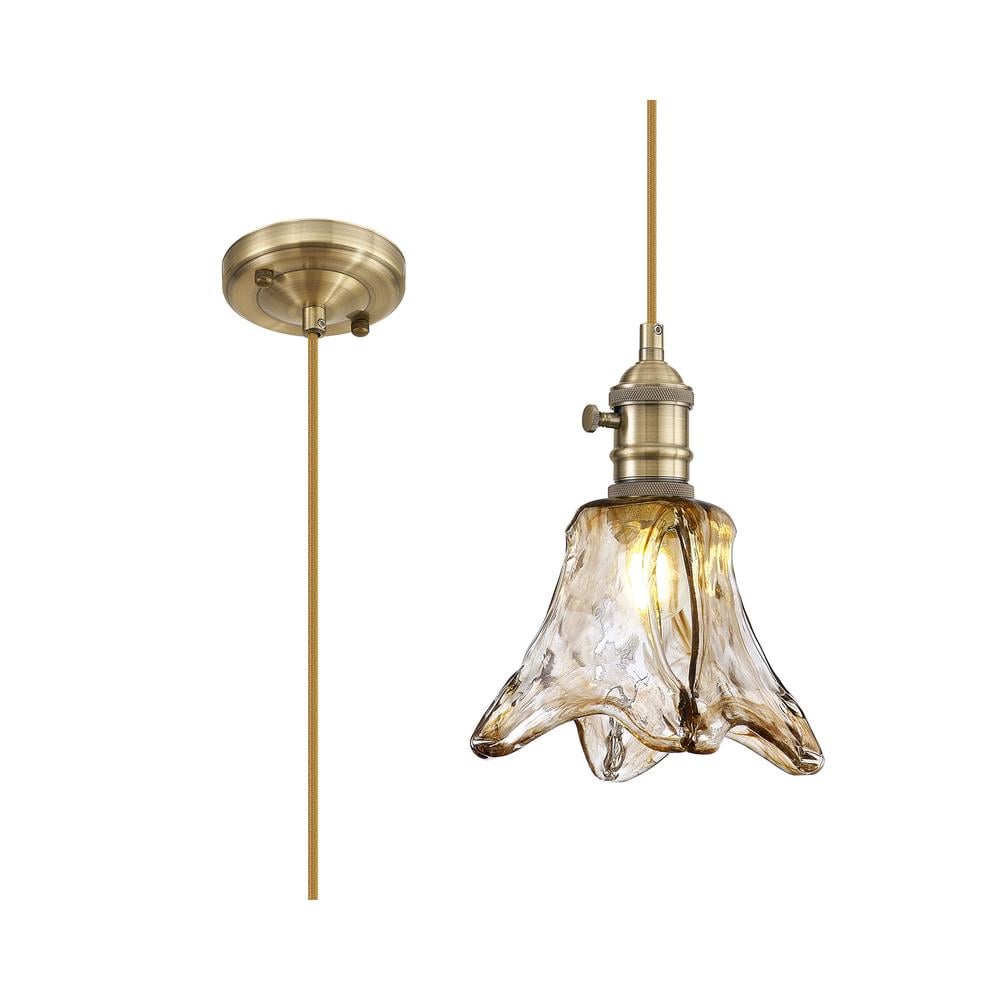 Luxuria Alaskan Switched Pendant 1.5m E27 Antique Brass / Golden Brown Braided Cable / Brown Flower Glass