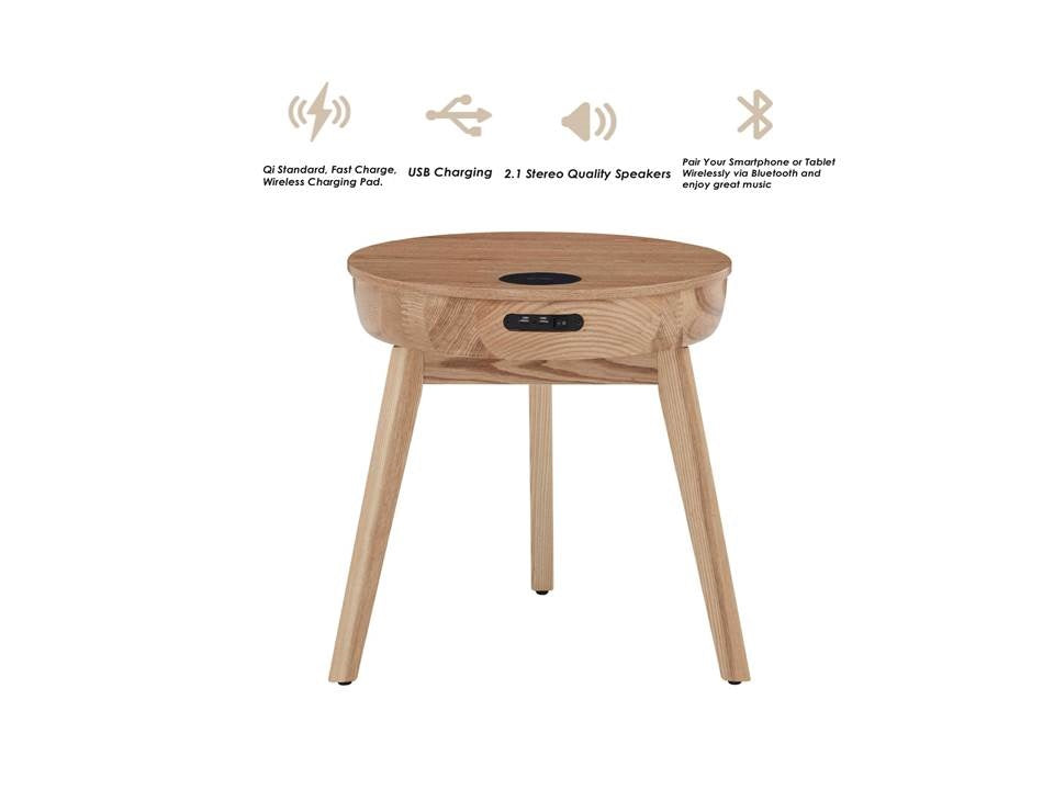 Providers Of Smart Oak Veneer Round Coffee / Lamp Table - Built in Speakers, Bluetooth, Wireless Charging and USB - 485mm - JF710 North Yourkshire