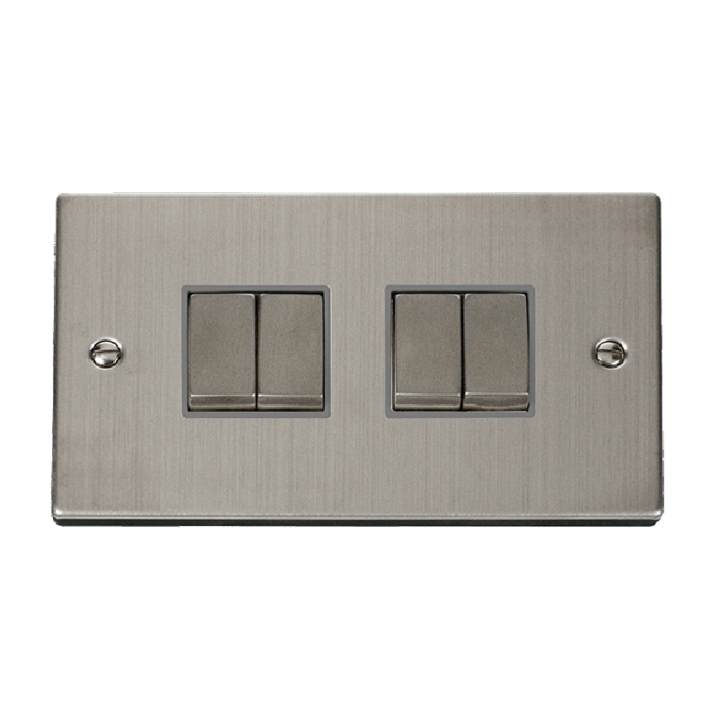 Click Deco 4 Gang 2 Way Ingot 10AX  Switch Stainless Steel Grey Inserts