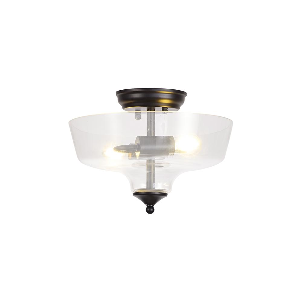 Luxuria Sirius Flush Ceiling Light 2xE27 With Flat Round 30cm Glass Shade Matt Black/Clear