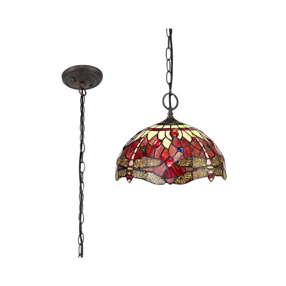 Luxuria Broadway 2 Light Downlighter Pendant E27 With 30cm Tiffany Shade Purple/Pink/Crystal/Aged Antique Brass