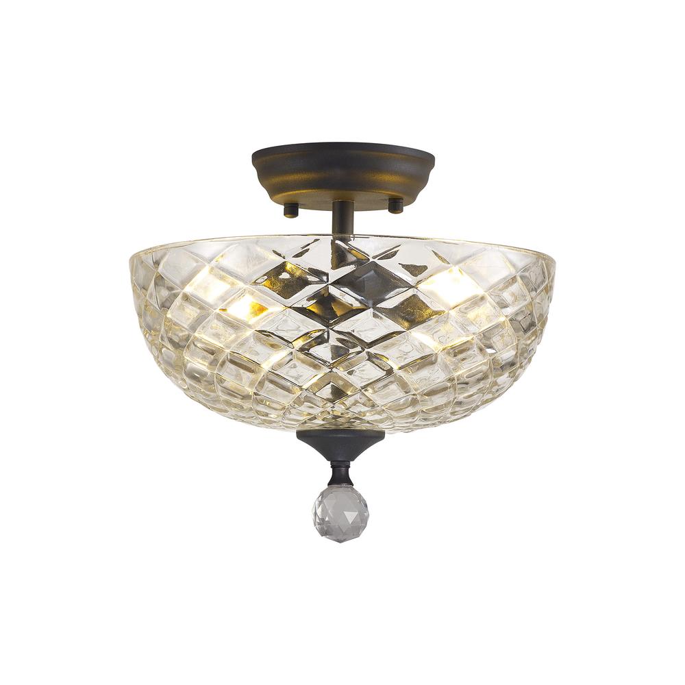 Luxuria Sirius Flush Ceiling Light 2xE27 With Flat Round 30cm Patterned Glass Shade Graphite/Clear