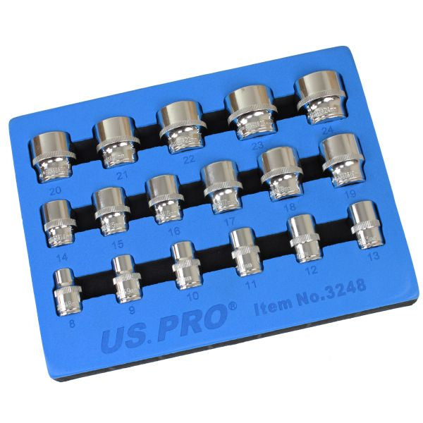 US PRO 3248 17pc 3/8" Dr 12Pt Shallow Sockets 8 - 24mm