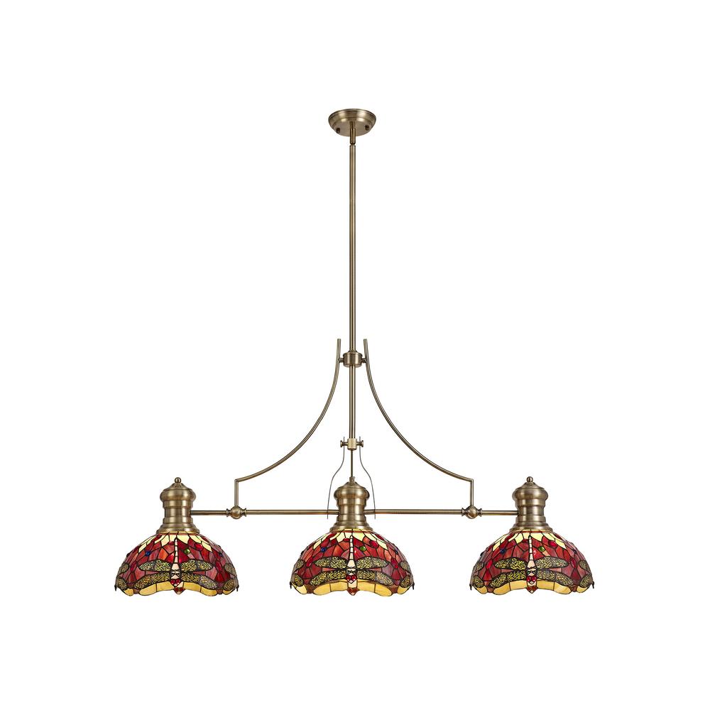 Luxuria Broadway 3 Light Linear Pendant E27 With 30cm Tiffany Shade Antique Brass Purple Pink Crystal