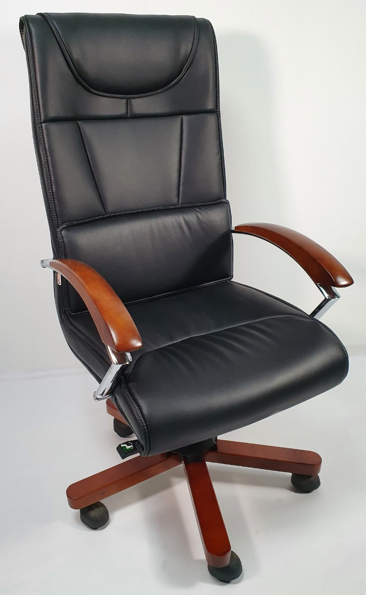 Stylish Black Leather Executive Office Chair with Wood Arms - YS397A UK