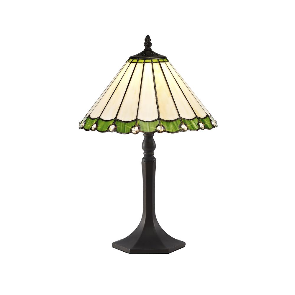 Luxuria Sleek 1 Light Octagonal Table Lamp E27 With 30cm Tiffany Shade Green/Cream/Crystal/Aged Antique Brass