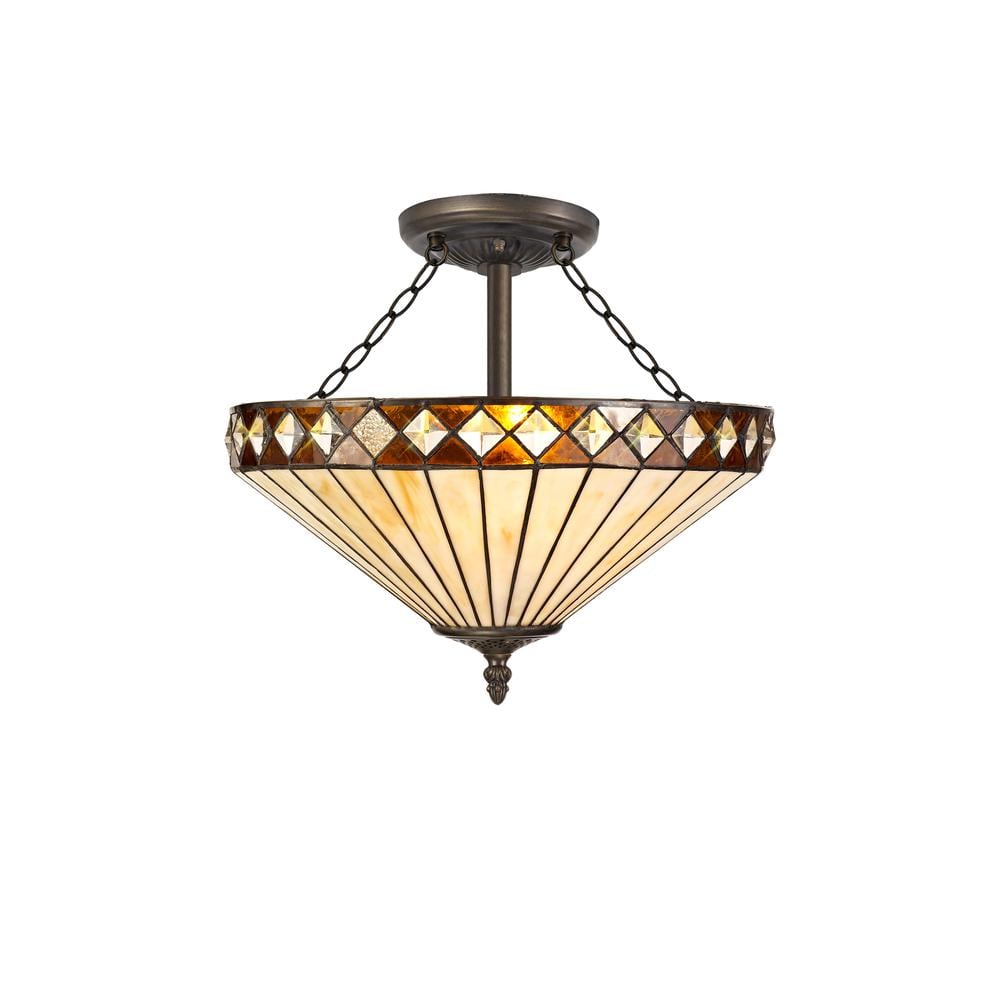 Luxuria Peacock Feather 41cm 3 Light Semi Flush E27 With 40cm Tiffany Shade Amber/Cream/Crystal/Aged Antique Brass