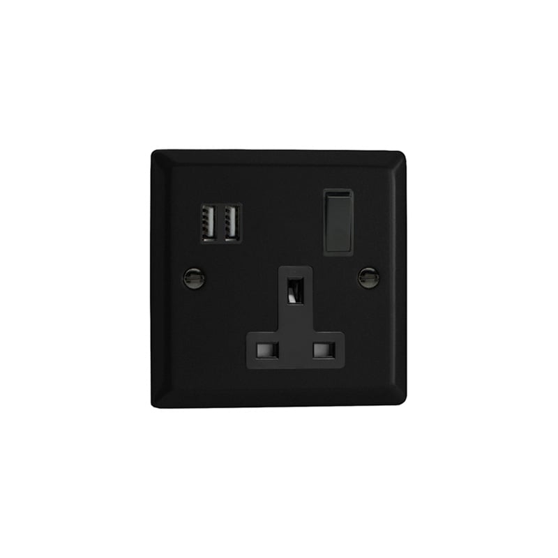 Varilight Urban 1G 13A SP Switched Socket with USB Charging Ports Matt Black (Standard Plate)