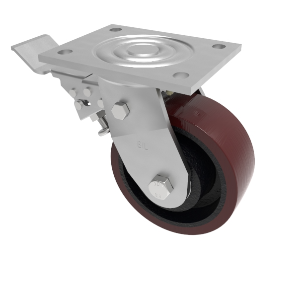 Polyurethane Cast Iron Plate Swivel Castor Brake 125mm 500kg Load