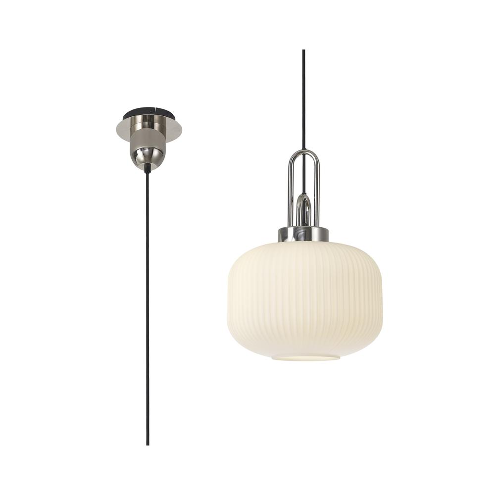 Luxuria Kennith Pendant Light E27 With 30cm Pumpkin Shaped Ribbed Glass Opal Polished Nickel/Matt Black