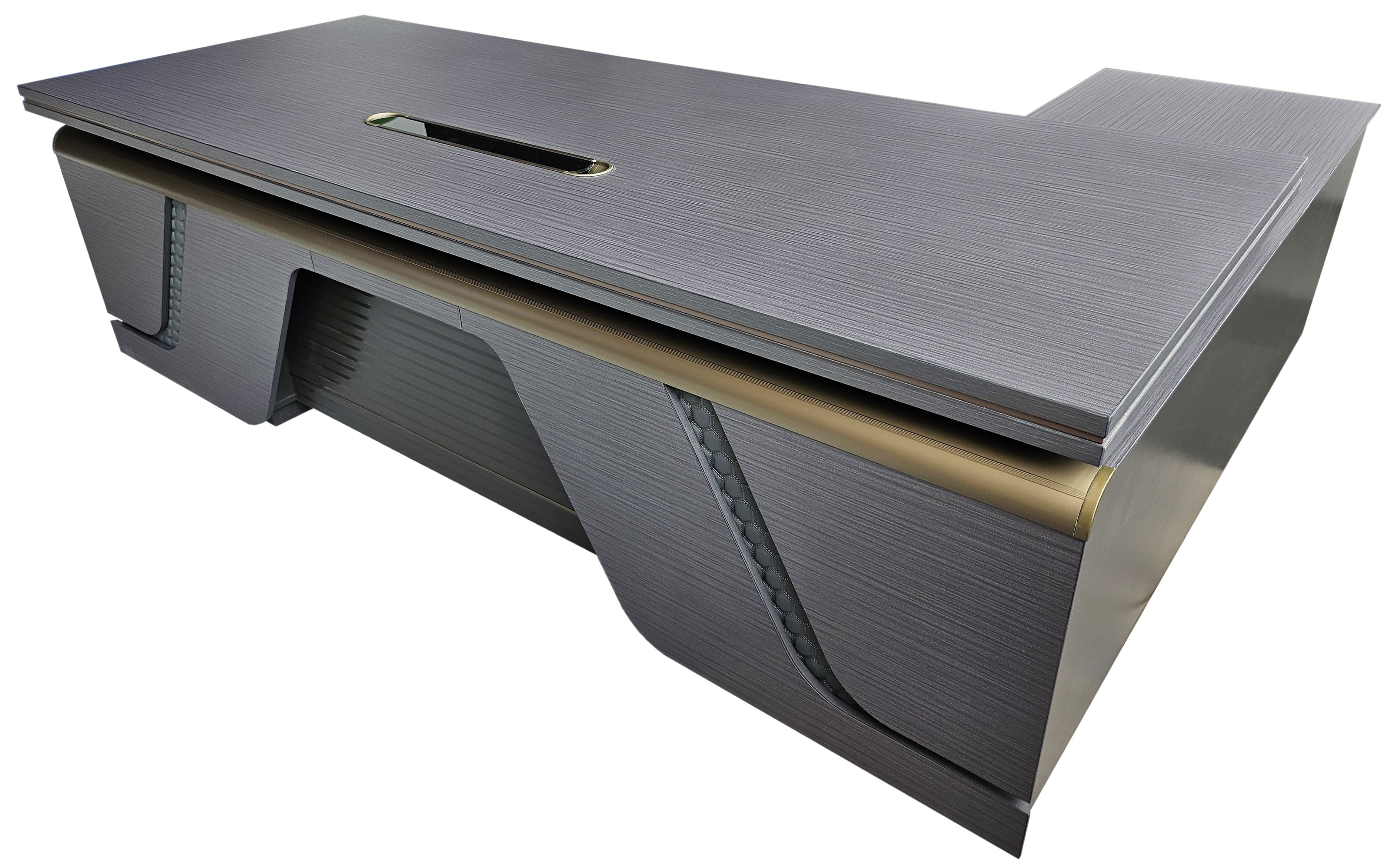 Large Modern Grey Oak Executive Corner Office Desk with Full Desktop and Brass Detailing - 2400mm - BP60-D06 UK