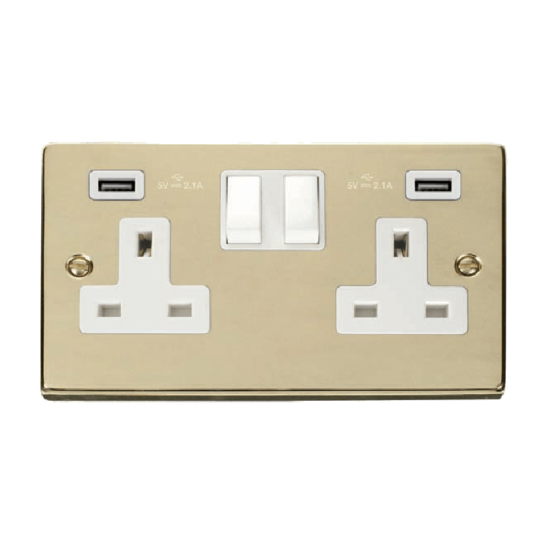 Click Deco 13A 2G Switched Socket with Twin 2.1A USB Outlets Polished Brass Insert White