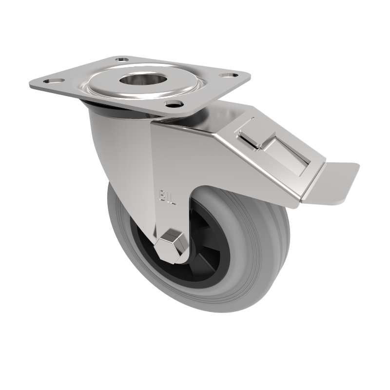 Grey Rubber Polypropylene Plate Swivel Castor Brake 125mm 90kg Load