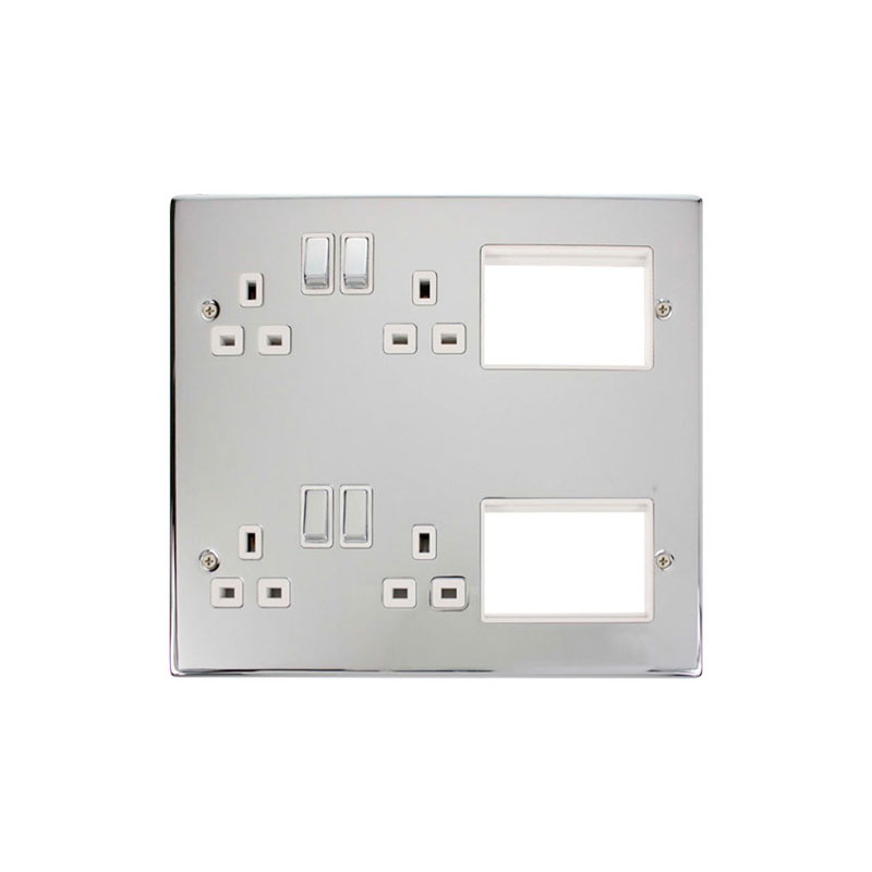 Click New Media 4 x 13A DP Switched Socket Outlets Front Plate Chrome With Insert White