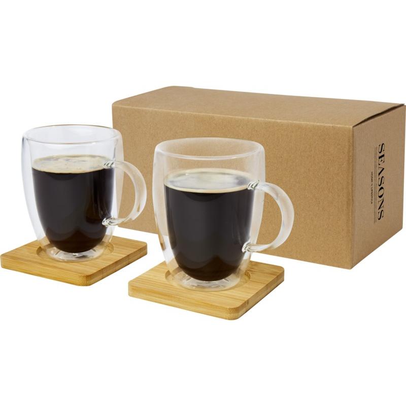 Manti 2-piece 350 ml double-wall glass cup with bamboo coaster