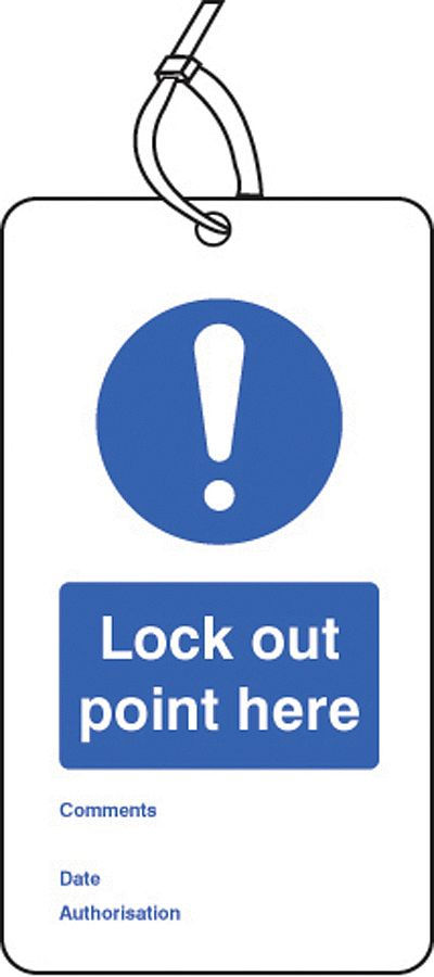 Lockout Tag - Lock out point here (80x150 mm Width Pk of 10