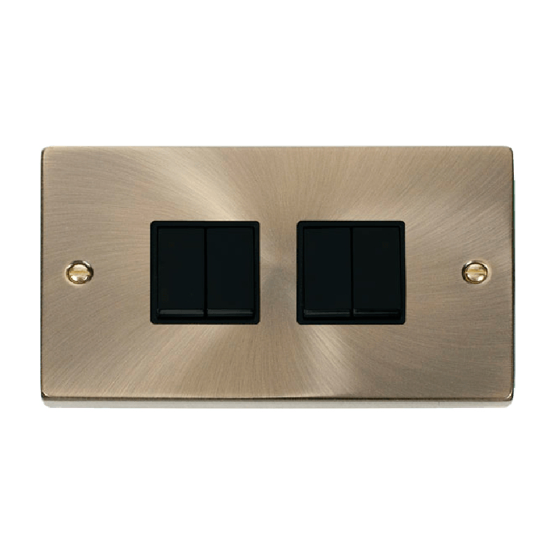 Click Deco 4 Gang 2 Way 10AX Switch Antique Brass Black Inserts