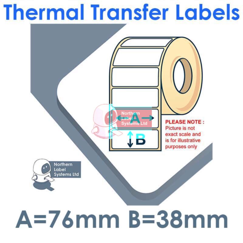 076038TTNPW1-4000, 76mm x 38mm, Thermal Transfer Labels, Permanent Adhesive, 4,000 per roll, FOR LARGER LABEL PRINTERS