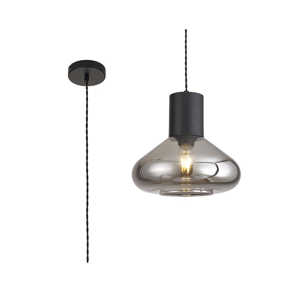 Luxuria Nexus 31cm Wide Pendant Light E27 Satin Black/Smoke Plated Glass