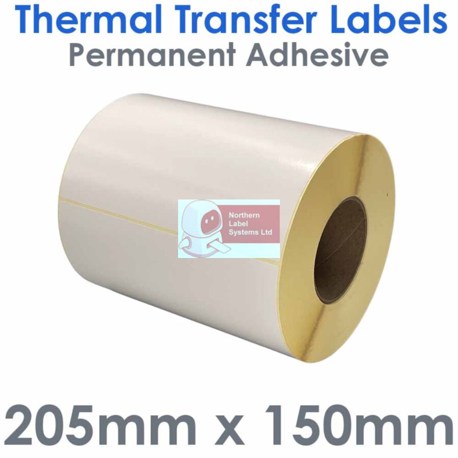 205150TTNPW1-1000, 205mm x 150mm, Thermal Transfer Labels, Permanent Adhesive, 1,000 per roll, FOR LARGER LABEL PRINTERS