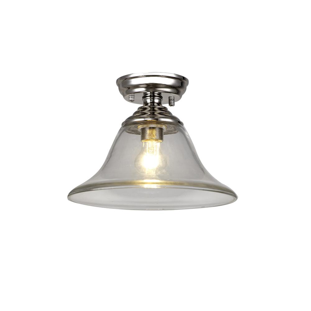 Luxuria Sirius Flush Ceiling Light E27 With Smooth Bell 30cm Glass Shade Polished Nickel/Clear