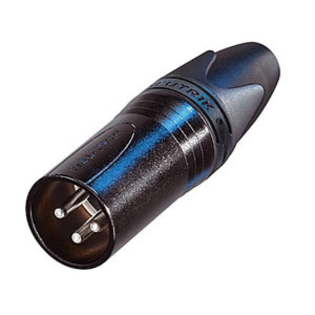 XLR Connector Neutrik 3 pole male cable connector with black metal housing and silver contacts.