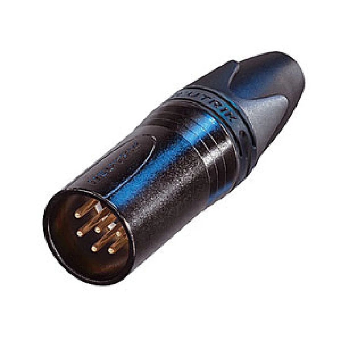 XLR Connector Neutrik 6 pole male cable connector with black metal housing and gold contacts.