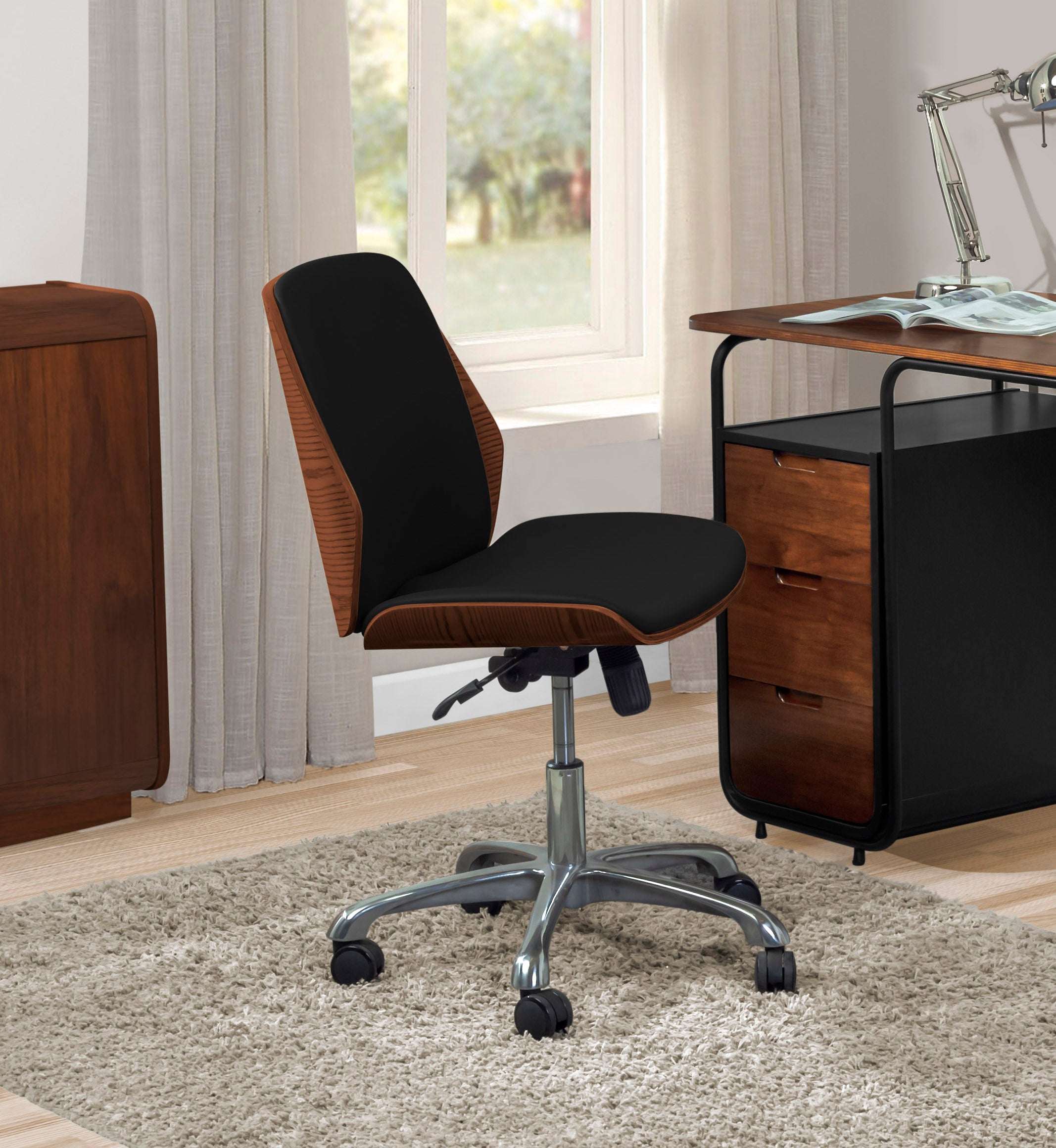 Specialising In Modern Faux Leather Office Chair with Walnut Wood Veneer Shell - Black - PC211 UK