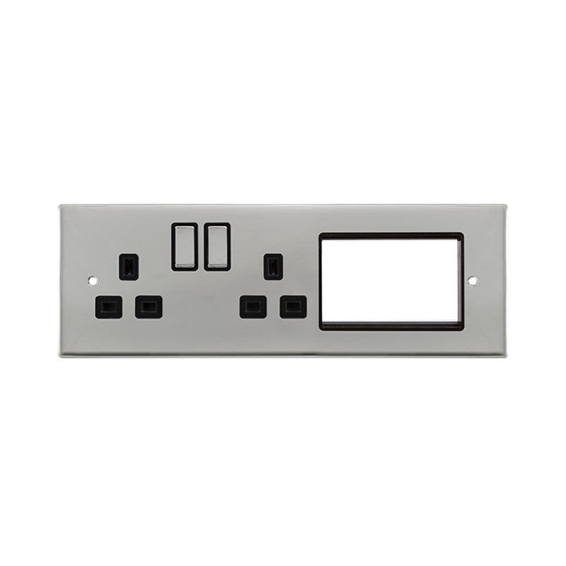 Click New Media 2 x 13A DP Switched Socket Outlets Front Plate Chrome With Insert Black