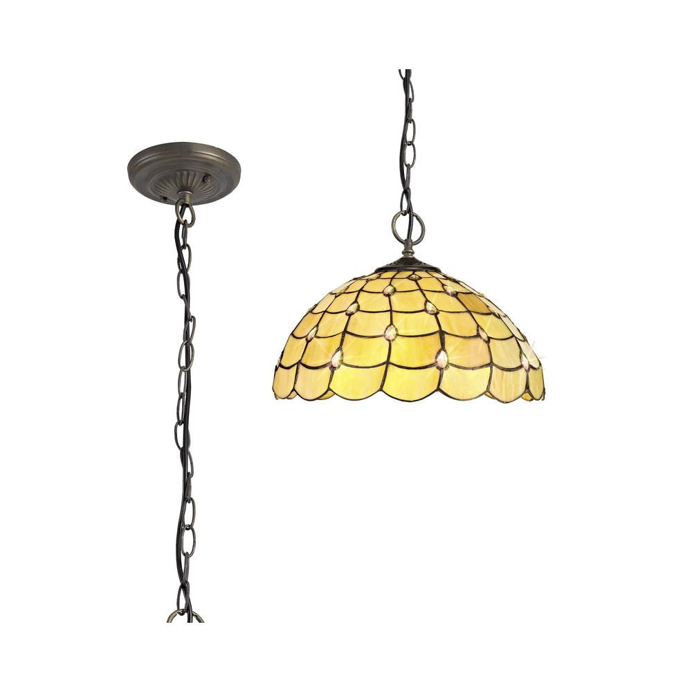 Luxuria Luna 3 Light Downlighter Pendant E27 With 40cm Tiffany Shade Beige/Clear Crystal/Aged Antique Brass