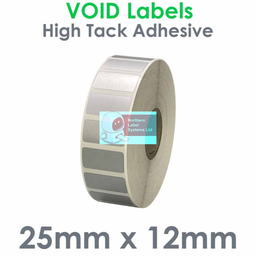 025012VDNPS1-2500, 25mm x 12mm Matt Silver VOID Label, Permanent Adhesive, FOR SMALL DESKTOP LABEL PRINTERS