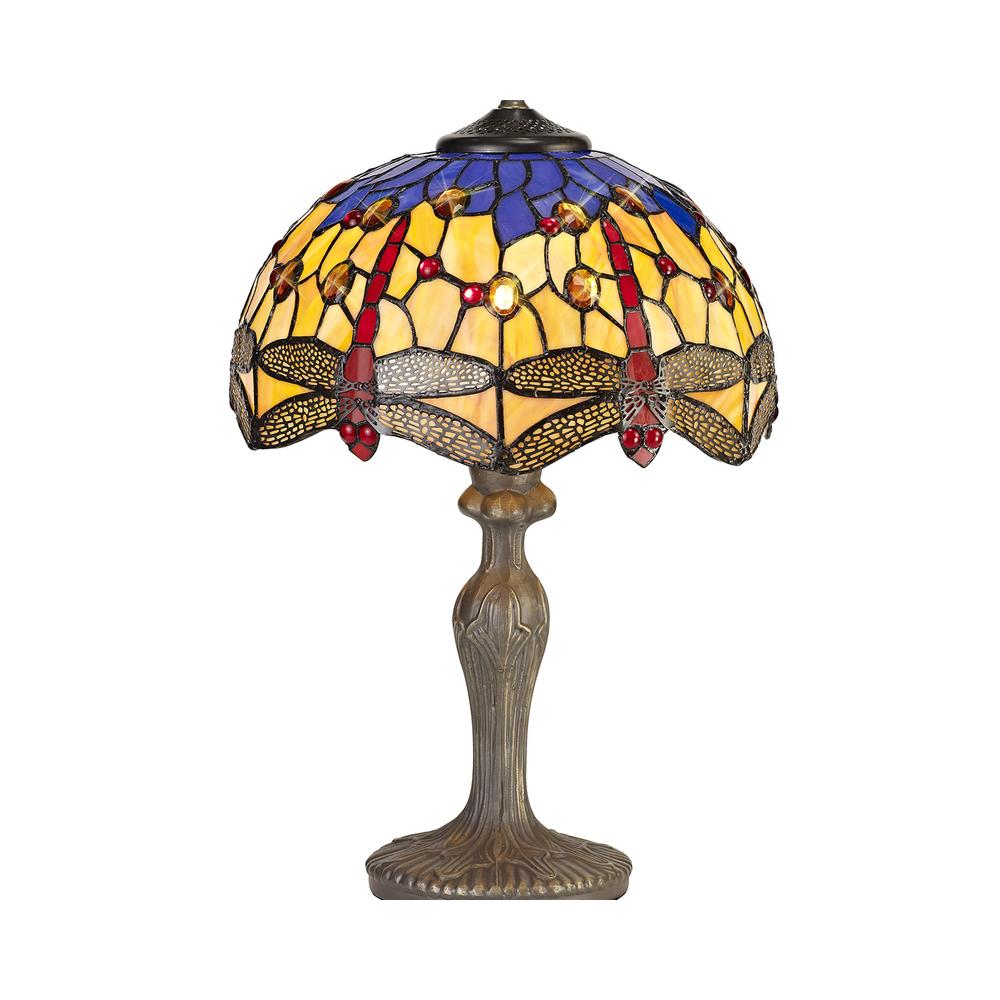 Luxuria Broadway 1 Light Curved Table Lamp E27 With 30cm Tiffany Shade Blue/Orange/Crystal/Aged Antique Brass