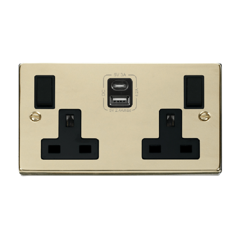 Click Deco 2G 13A Switched Socket With Type A & C USB 4.2A Outlets Polished Brass Insert Black