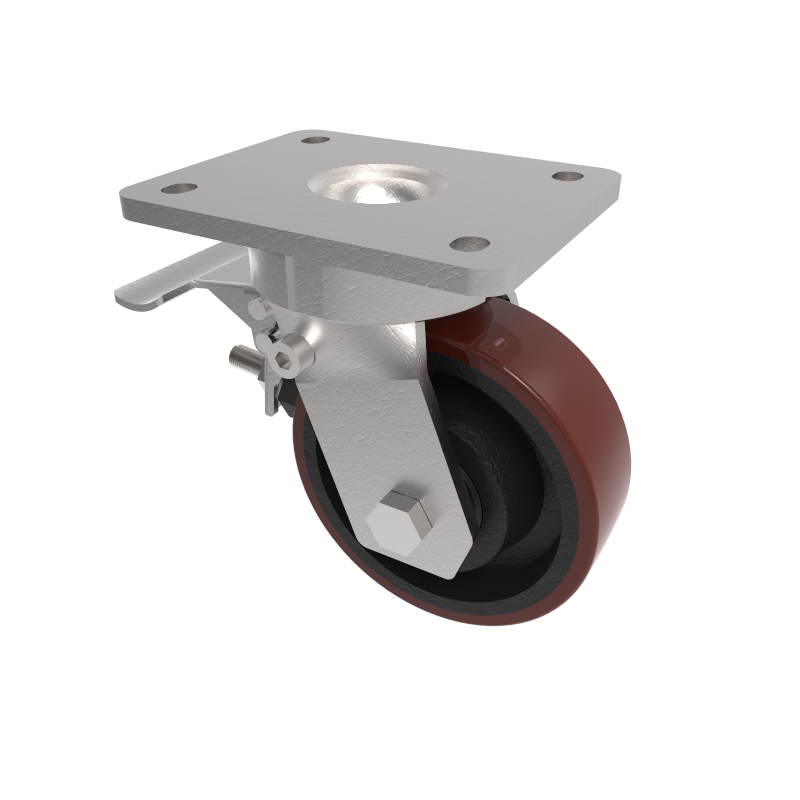 Polyurethane Cast Iron Plate Swivel Castor Brake 125mm 400kg Load