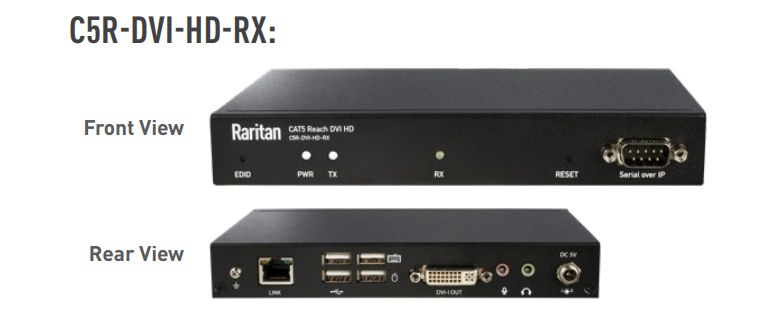 C5R-DVI-HD-RX Raritan Cat5 Reach Receiver Only DVI-D & USB keyboard & Mouse, Audio , IR EDID emulation ( DVI-D Output ) DVI Extender & AV Splitter receiver