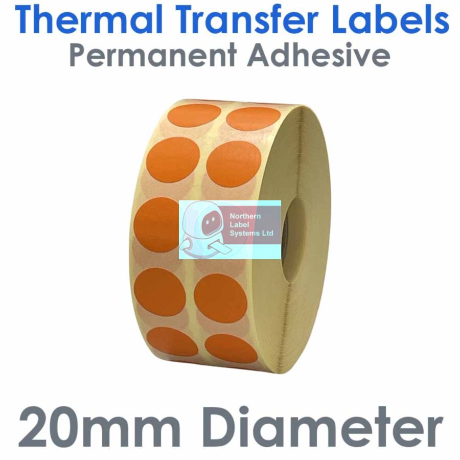 020DIATTNPO2-5000, 20mm Diameter Circle 2 Across, ORANGE, Thermal Transfer Labels, Permanent Adhesive, 5,000 per roll, FOR SMALL DESKTOP LABEL PRINTERS