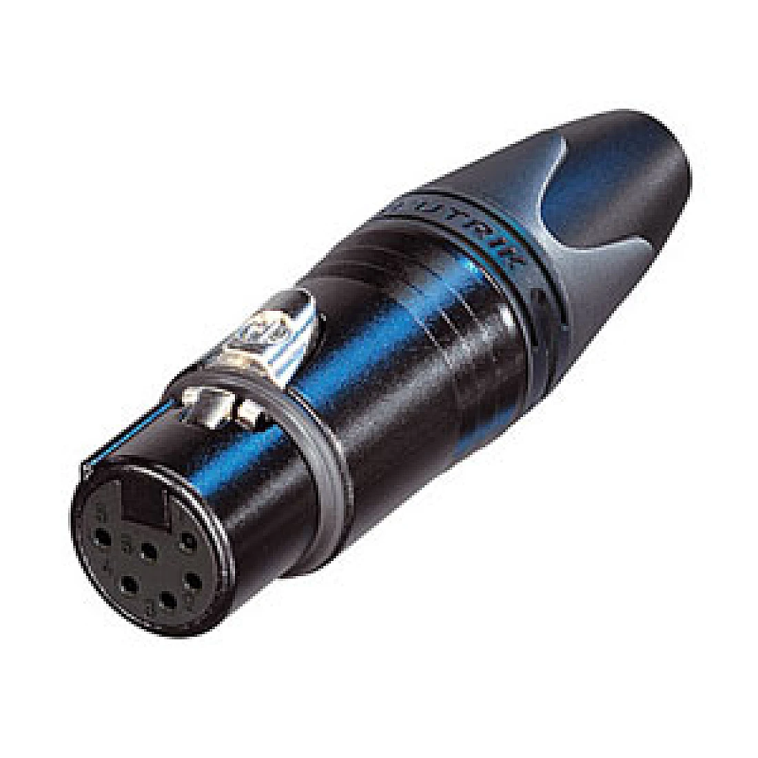 XLR Connector Neutrik 6 pole female cable connector with black metal housing and silver contacts.