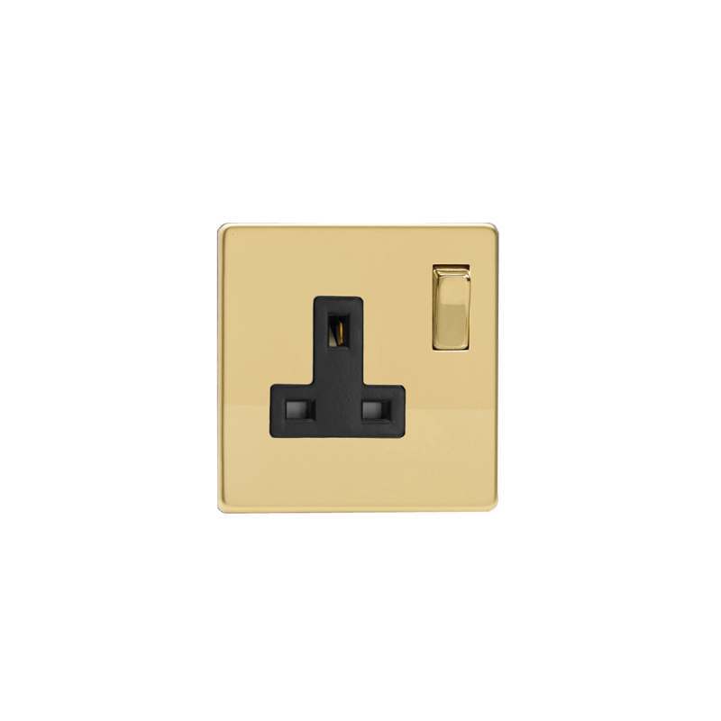 Varilight Screw Less Polished Brass 1G 13A Switched Socket Black