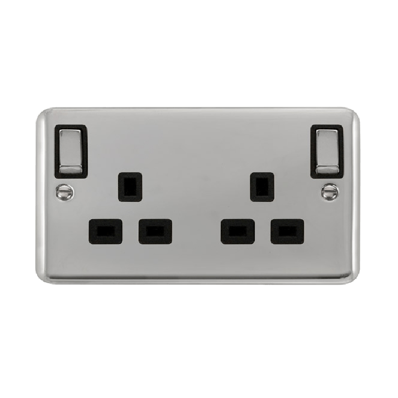 Click Deco Plus 13A Ingot 2G DP Switched Socket Outlet With Outboard Rockers Polished Chrome Black Inserts