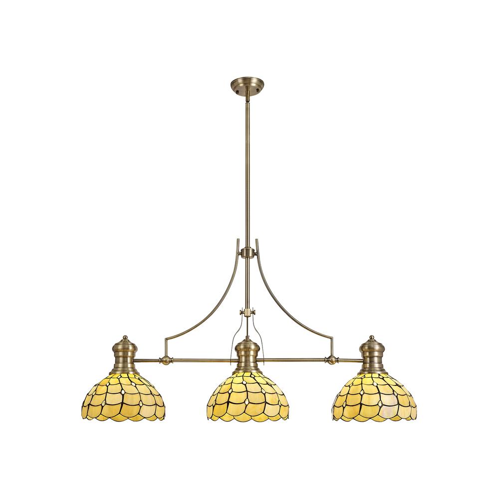 Luxuria Luna 3 Light Linear Pendant E27 With 30cm Tiffany Shade Antique Brass Beige Clear Crystal