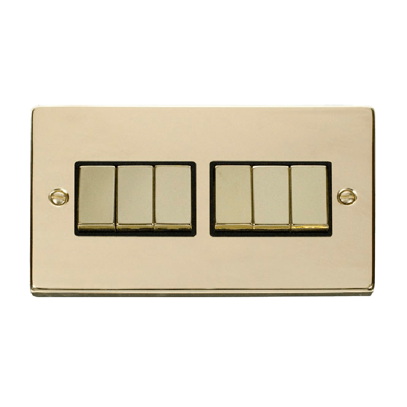 Click Deco 6 Gang 2 Way Ingot 10AX Switch Polished Brass Black Inserts