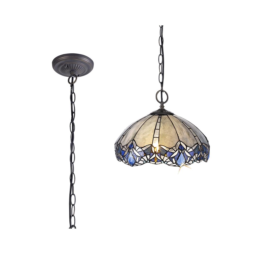 Luxuria Axis 41cm 2 Light Downlight Pendant E27 With 40cm Tiffany Shade Blue/Clear Crystal/Aged Antique Brass