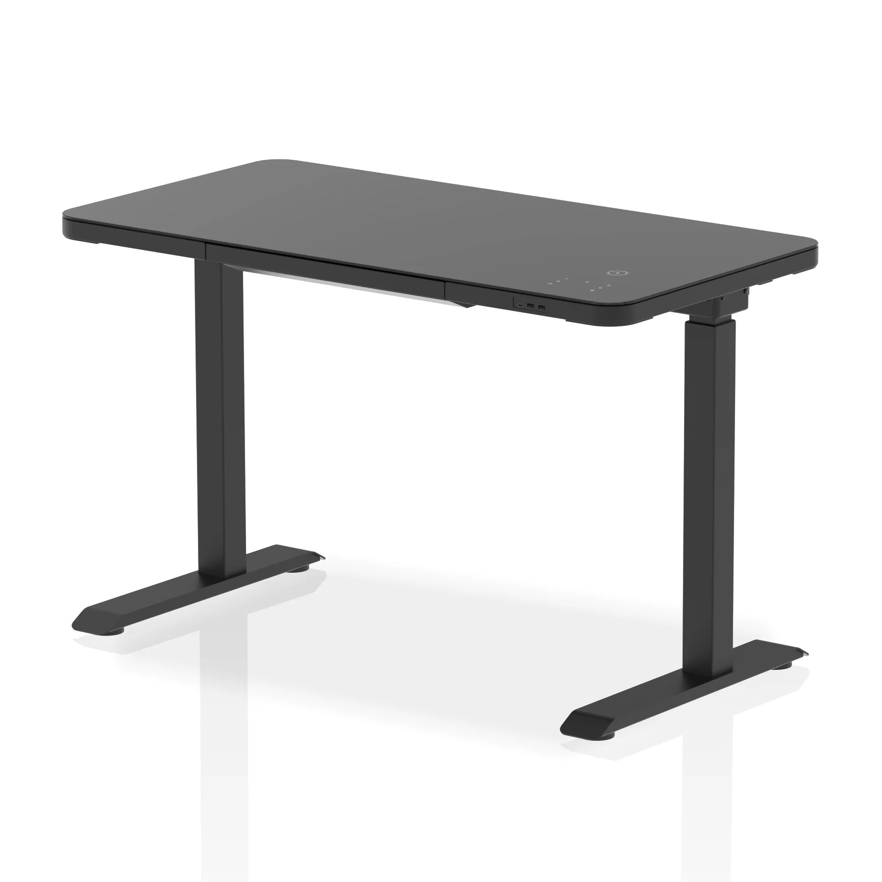 Suppliers Of Ice Height Adjustable Black Glass Home Office Desk - 1145mm - Wireless Phone Charging Intergrated UK