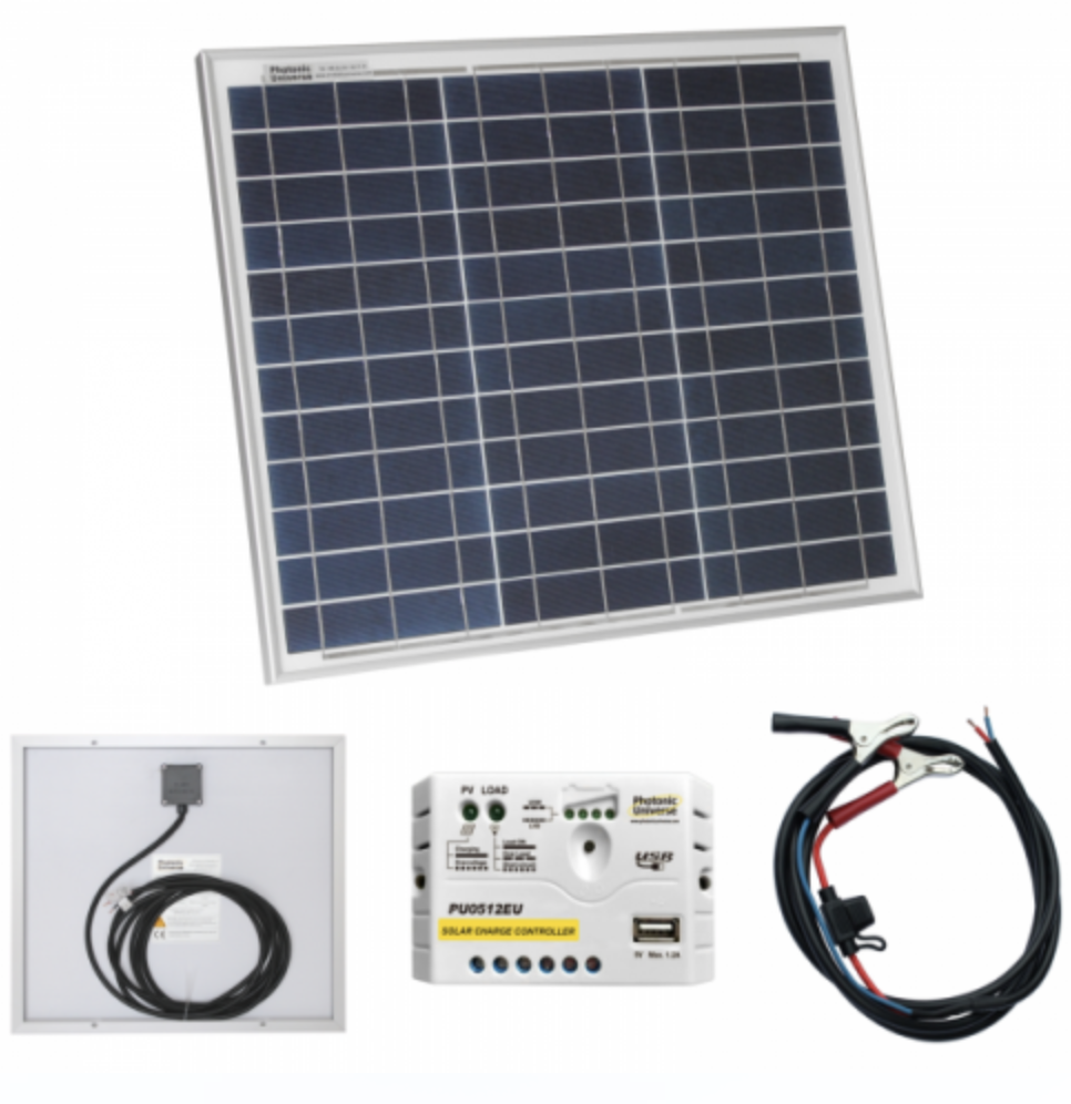 30W 12V Solar Charging Kit With 5A Solar Charge Controller And Battery Cables With Crocodile Clips