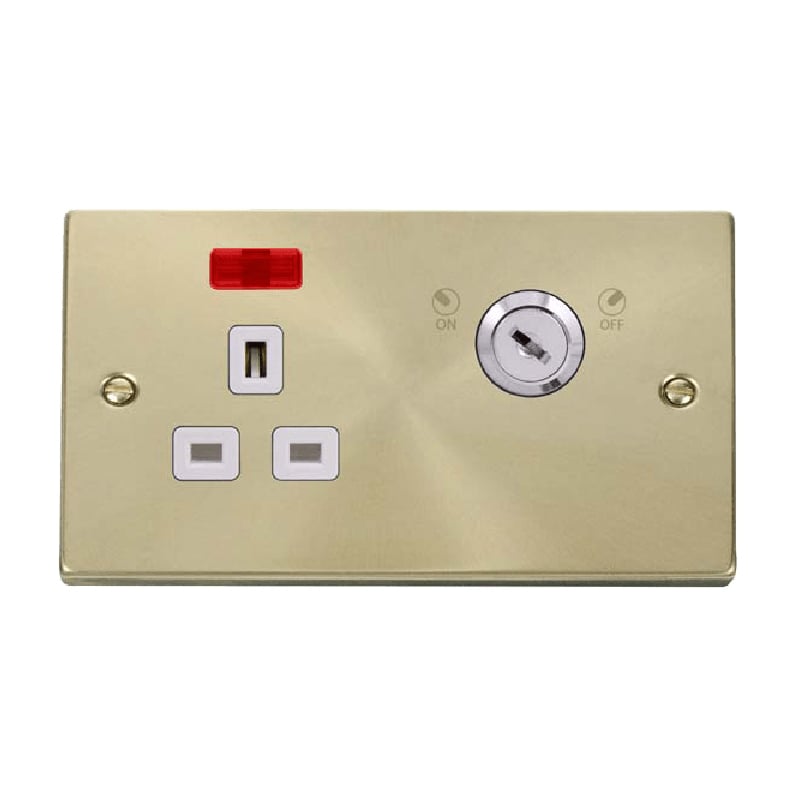 Click Deco 13A 1G Double Pole Key Lockable Socket with Neon Satin Brass Insert White