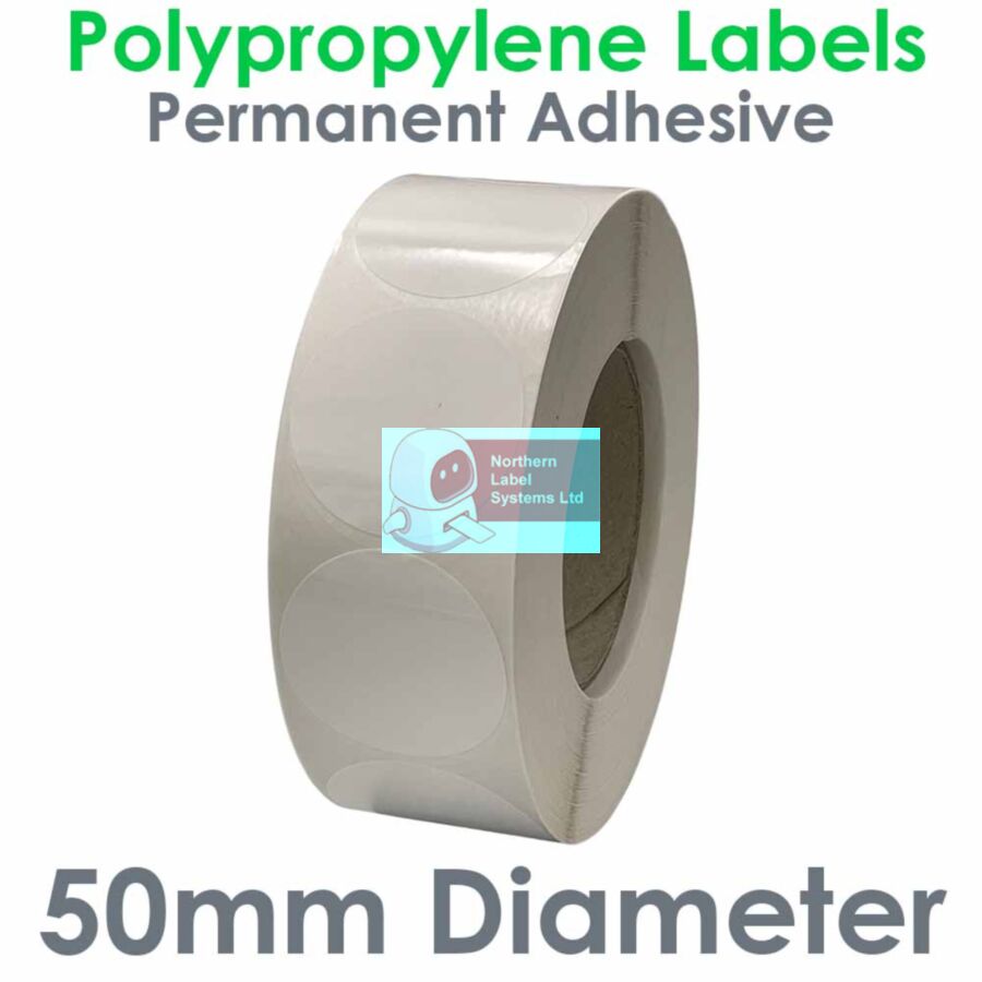 050DIAGPNPW1-2000, 50mm Diameter Circle, Gloss White Polypropylene Label, Permanent Adhesive, FOR LARGER LABEL PRINTERS