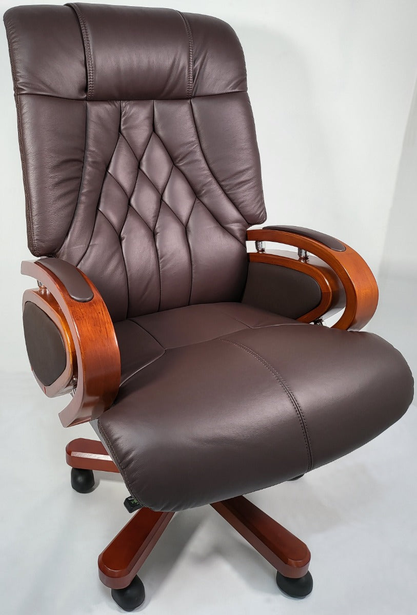 Specialising In Genuine Leather Brown Executive Office Chair with Wooden Arms -  A616 UK