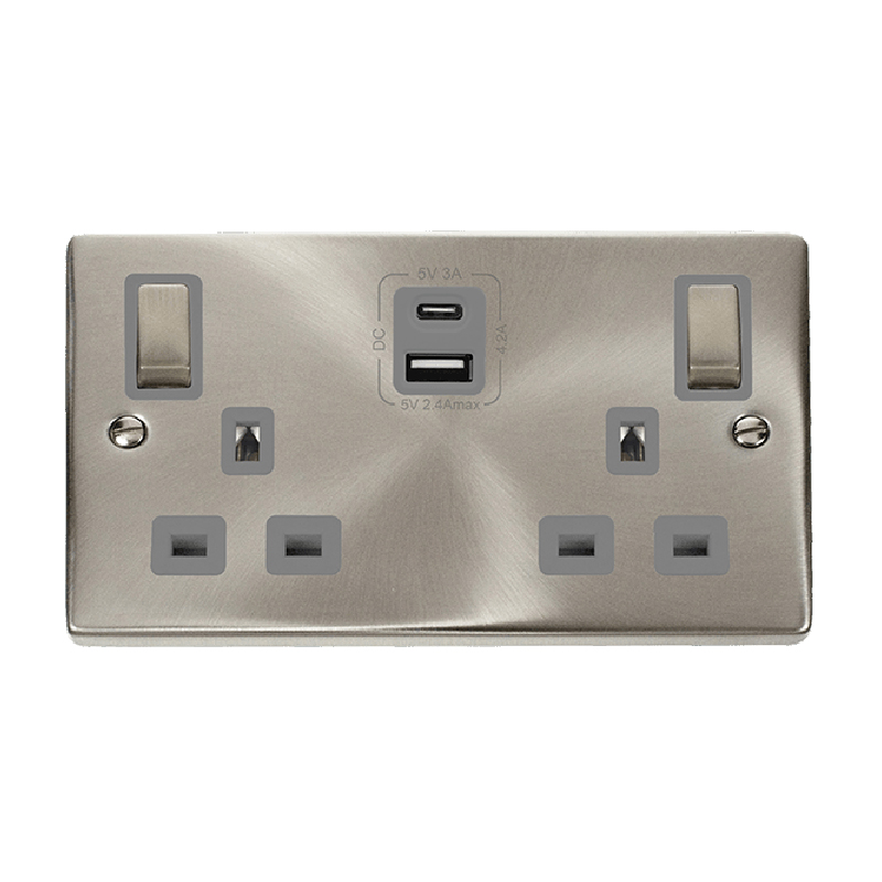 Click Deco 13A Ingot 2G Switched Socket With Type A & C USB 4.2A Outlets Satin Chrome Insert Grey