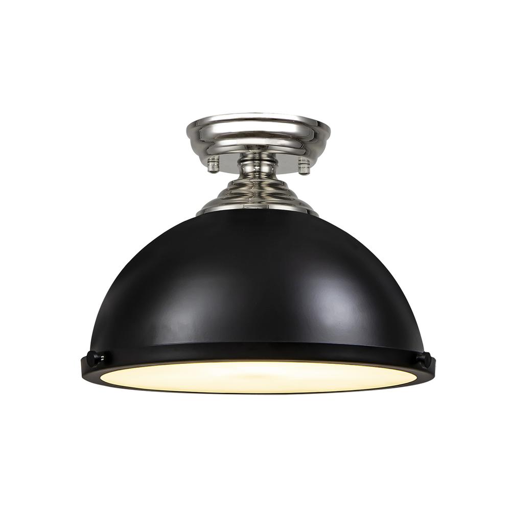 Luxuria Sirius Flush Ceiling Light E27 With Round 31cm Metal Shade Polished Nickel/Matt Black/Frosted White