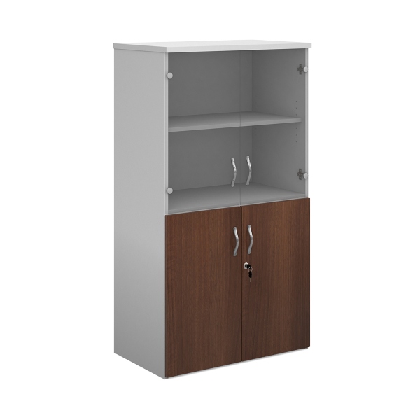 Duo Combination Unit with Glass Upper Doors 3 Shelves - Walnut and White